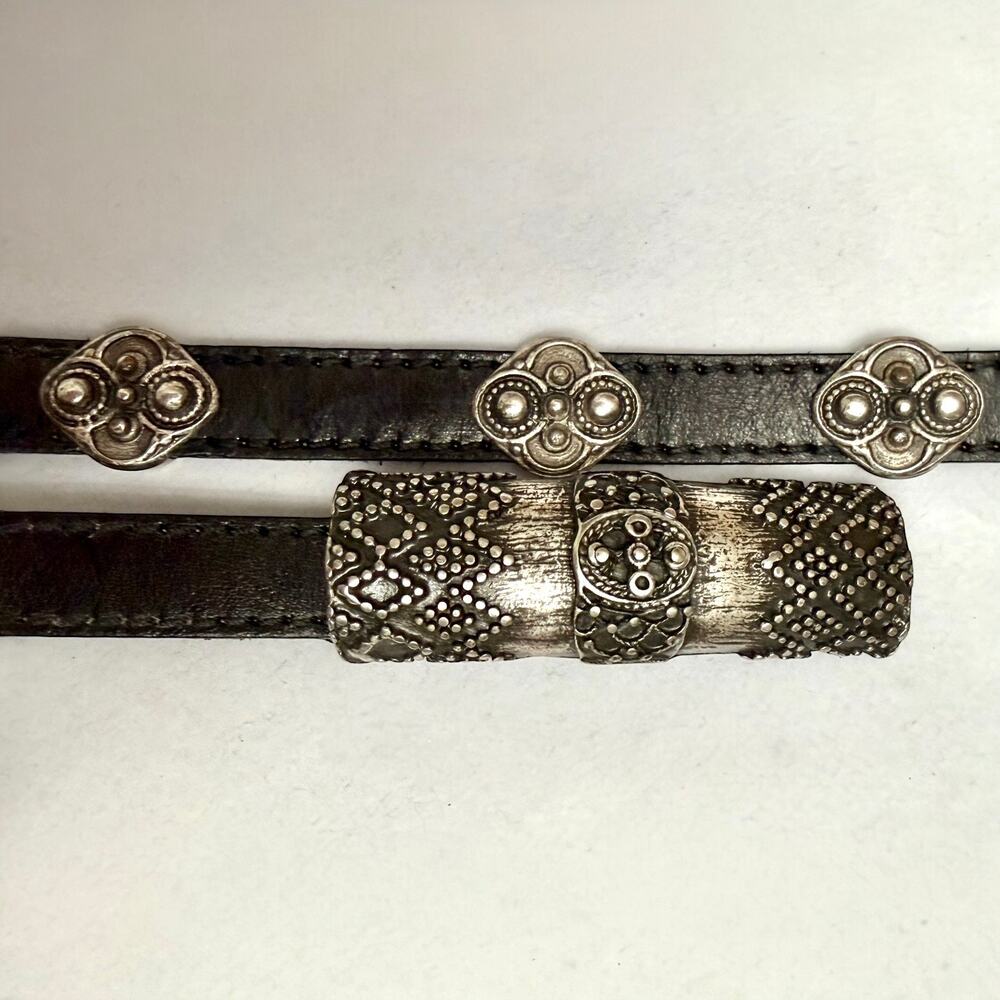 ABACO Paris Vintage Concho Silver Black Genuine Leather Belt S French Designer - Picture 2 of 10